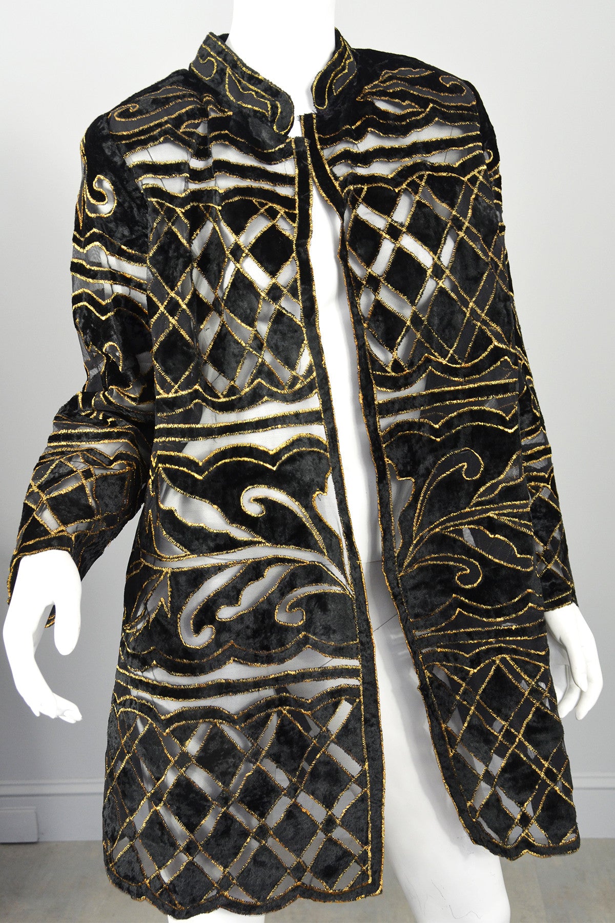 70s Deco Cut Velvet Gold Lame Evening Jacket Duster Swing Coat