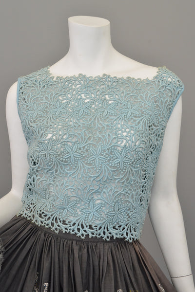 Dusty Light Blue Embroidered Lace Crop Top