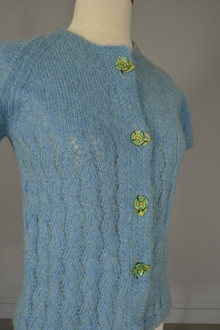Dusty Blue Fuzzy Daisy Buttons Sweater