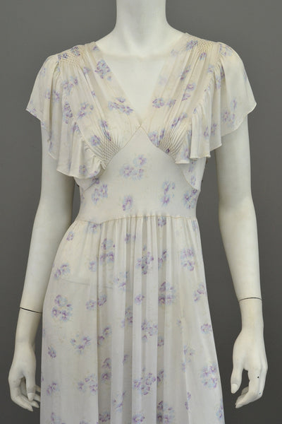 1930s Eggshell Silky Lilac Floral Print Smocked Flutter Sleeves Negligee Slip Dress
