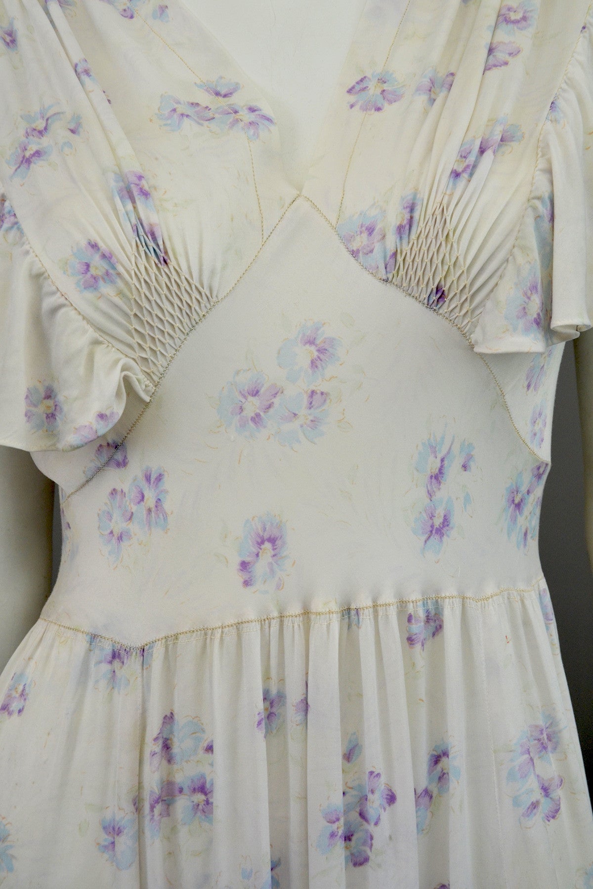 1930s Eggshell Silky Lilac Floral Print Smocked Flutter Sleeves Negligee Slip Dress