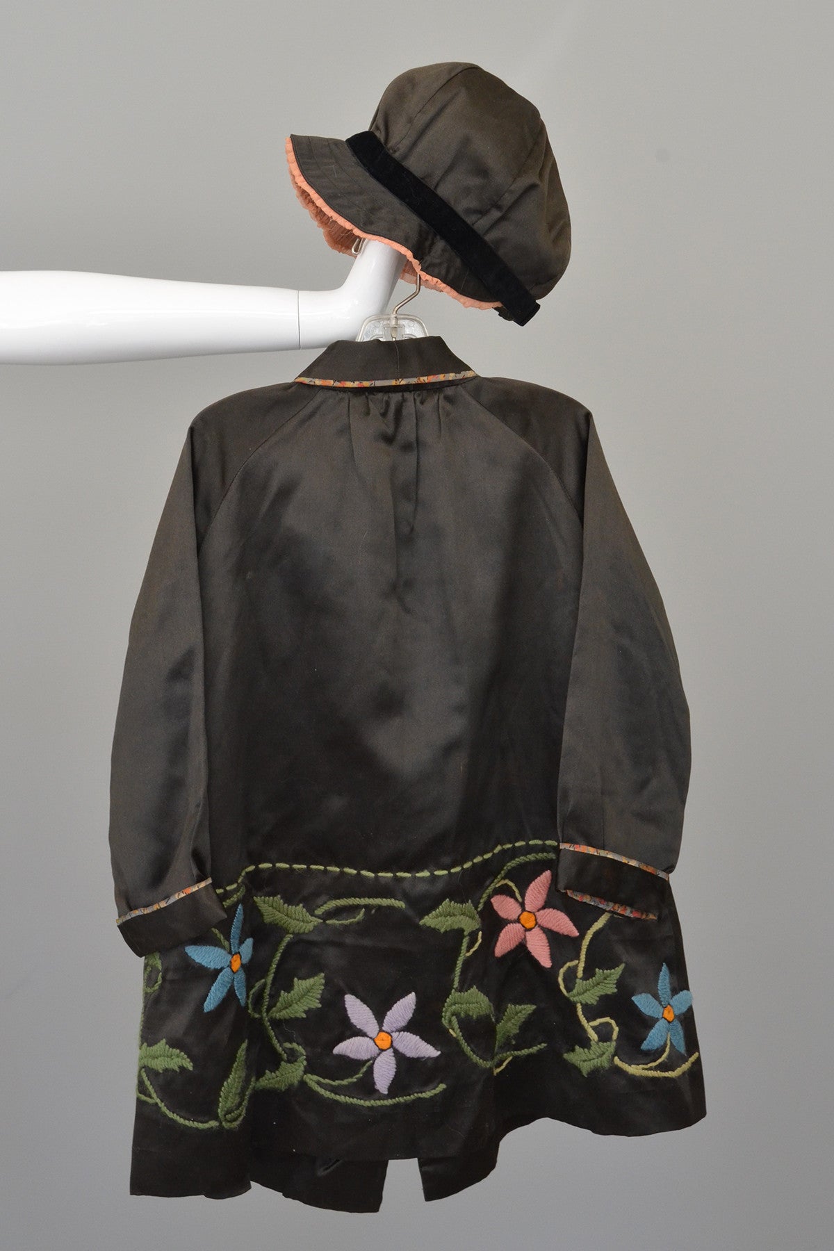 Embroidered Charcoal Satin Child's Flapper Coat and Cap