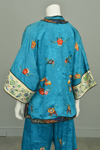 1930s Embroidered Chinese Silk Pajamas Loungewear Beach Pajamas Wide leg Pants