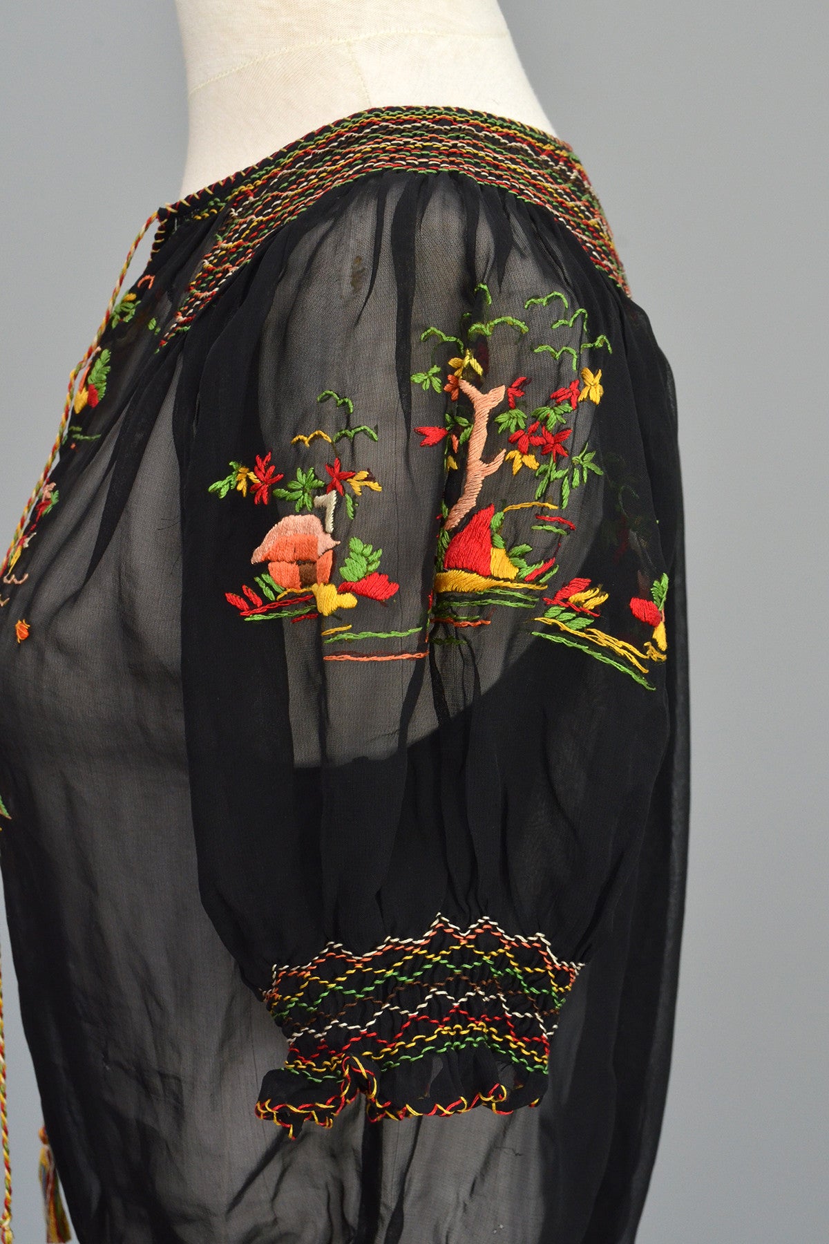 Black Chiffon Pagoda Embroidered Peasant Top