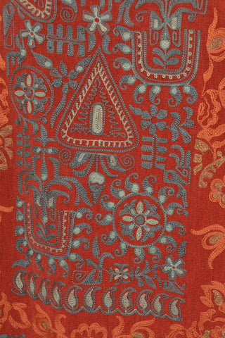 Aqua Embroidered Paprika Red Velveteen Corduroy Vintage Duster Coat