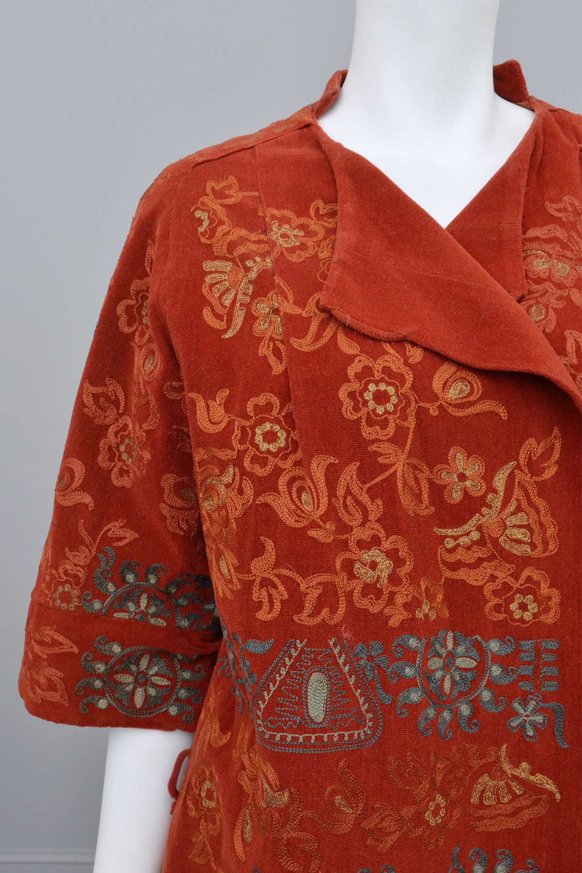 Aqua Embroidered Paprika Red Velveteen Corduroy Vintage Duster Coat