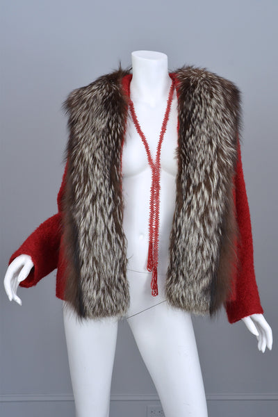 Vintage 60s Silver Tipped Fox Fur Trim Cranberry Red Boucle Jacket