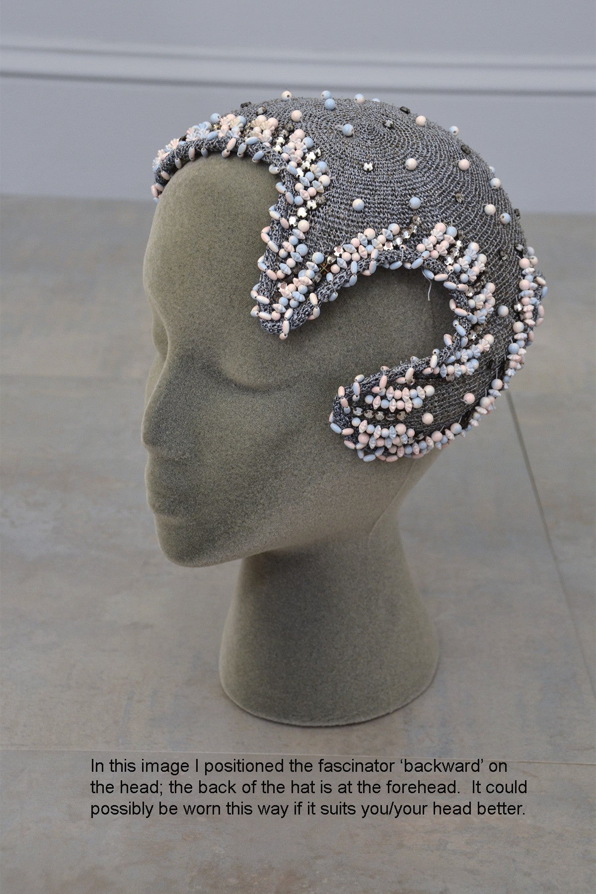 Grey woven and beaded vintage hat fascinator