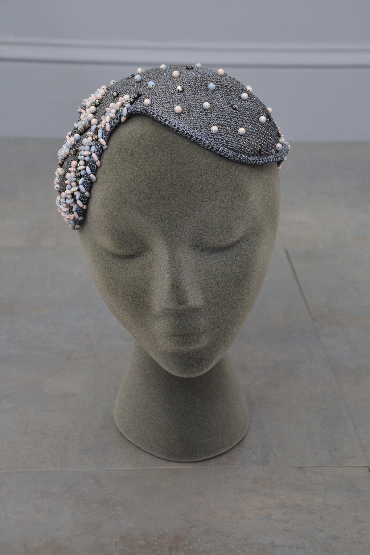 Grey woven and beaded vintage hat fascinator