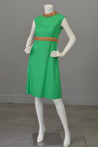 Kelly Green and Copper 70s vintage midi dress
