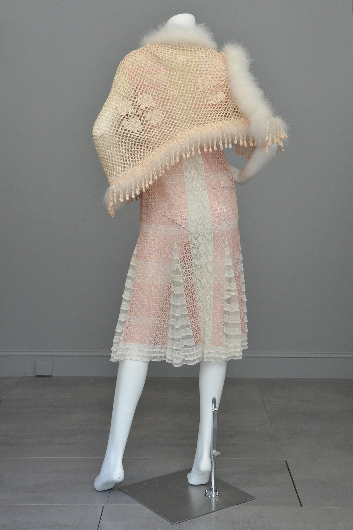 1920s Pink White Eyelet Lace Flapper Dress
