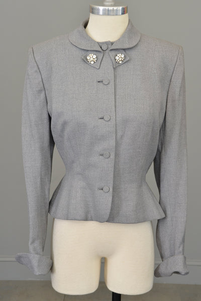 1950s Light Grey Wool Flannel Blazer Jacket, Leslie Fay