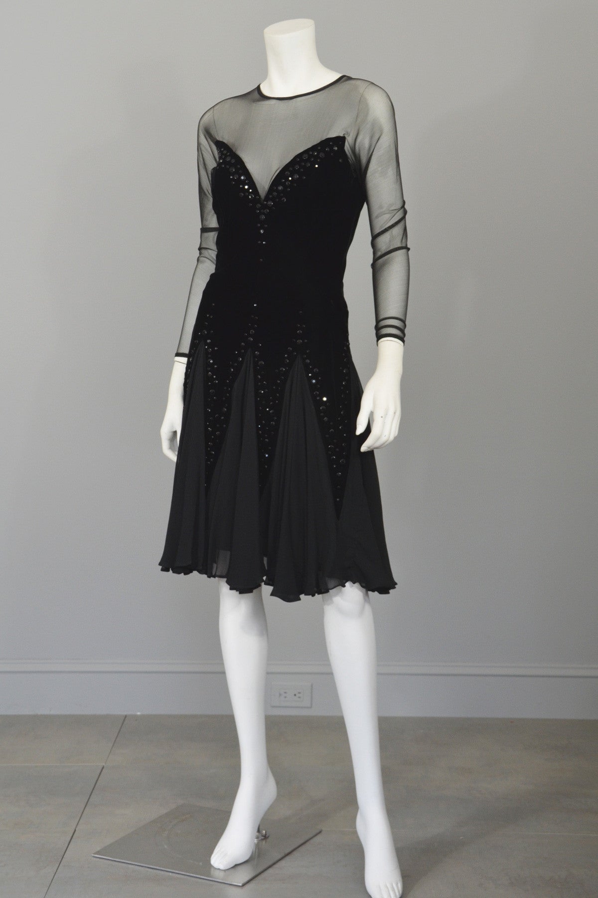 Lillie Ruben Black Velvet Studded Chiffon Party Dress