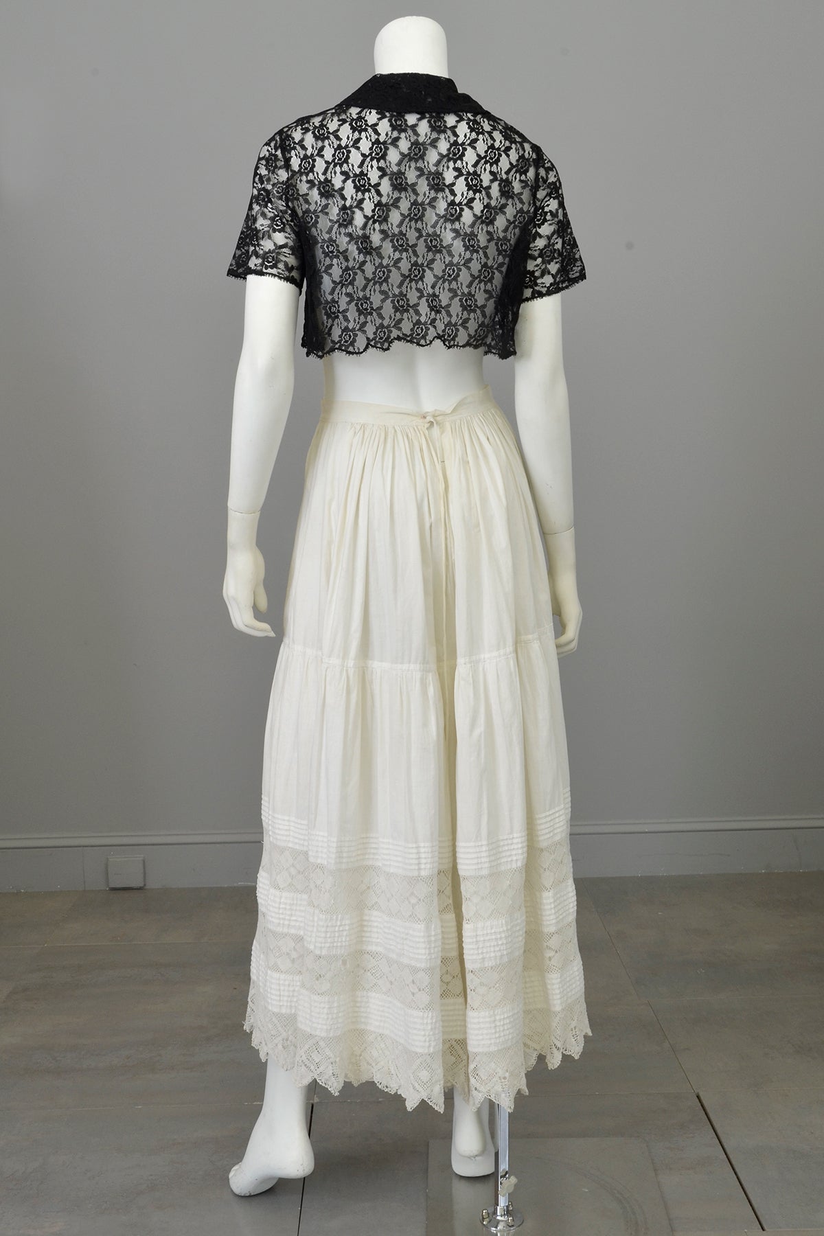 White Edwardian Petticoat Lawn Skirt with Tatted Lace Panels and Pintucking at Hem