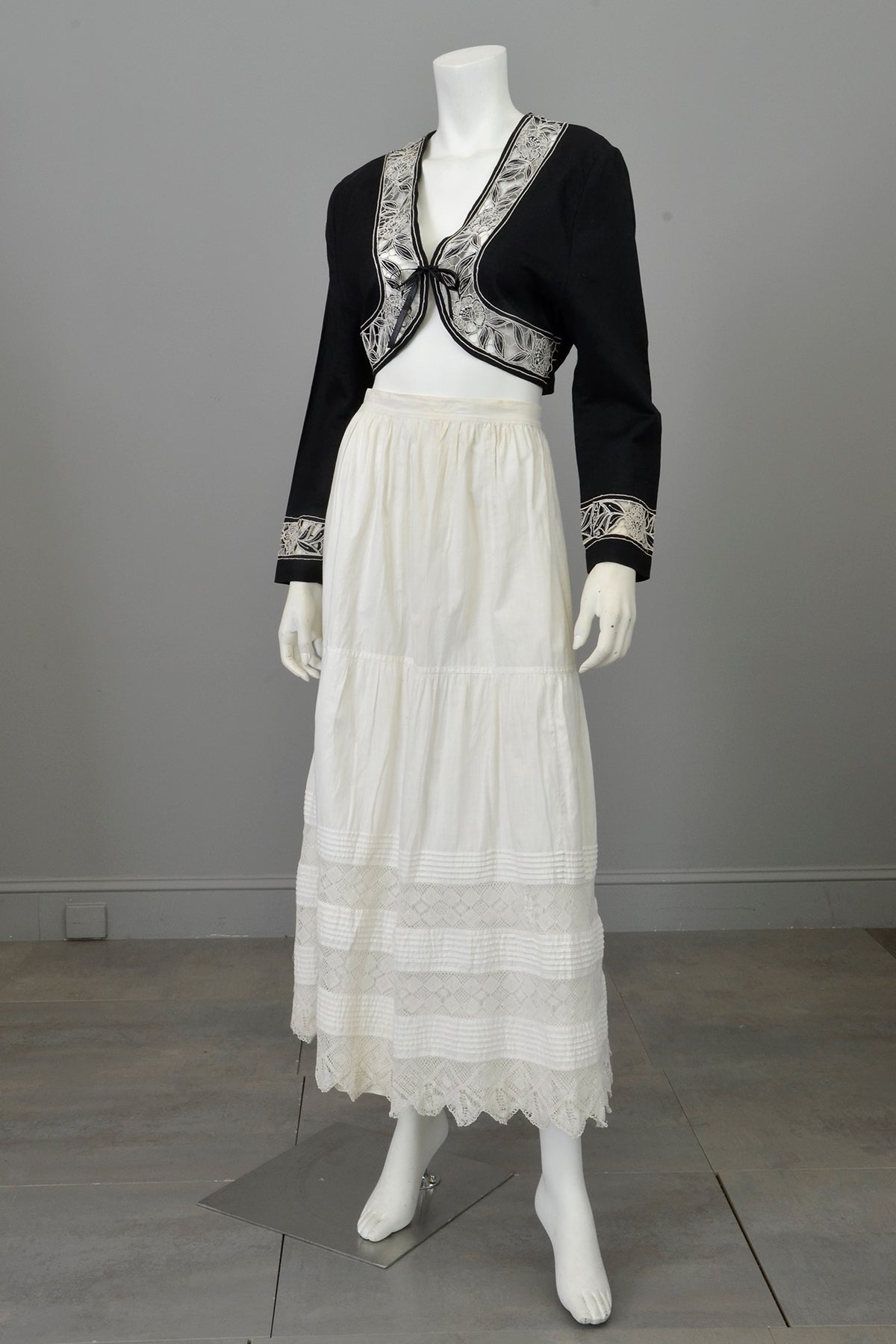 White Edwardian Petticoat Lawn Skirt with Tatted Lace Panels and Pintucking at Hem