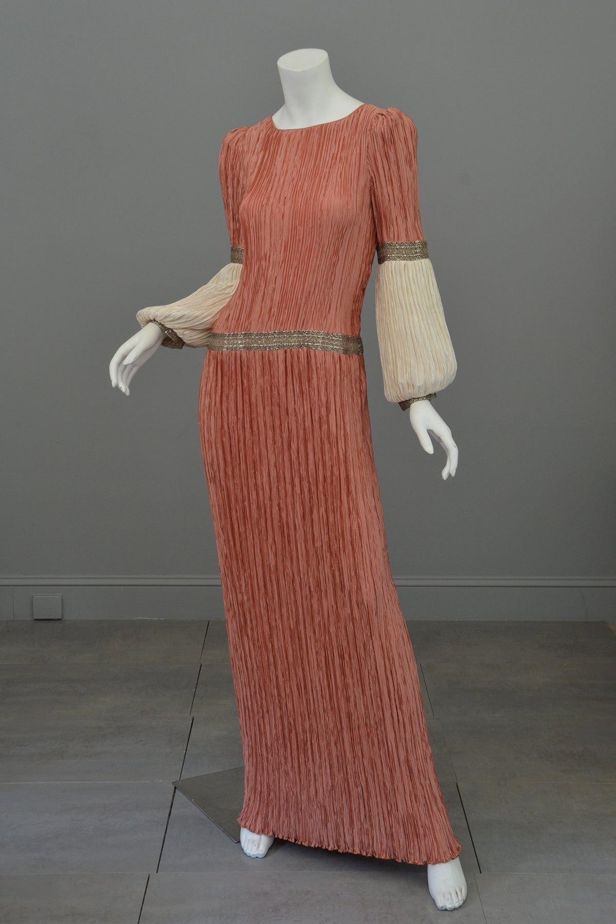 Mary McFadden Coral Cream Fortuny Pleats Bell Sleeve Gown