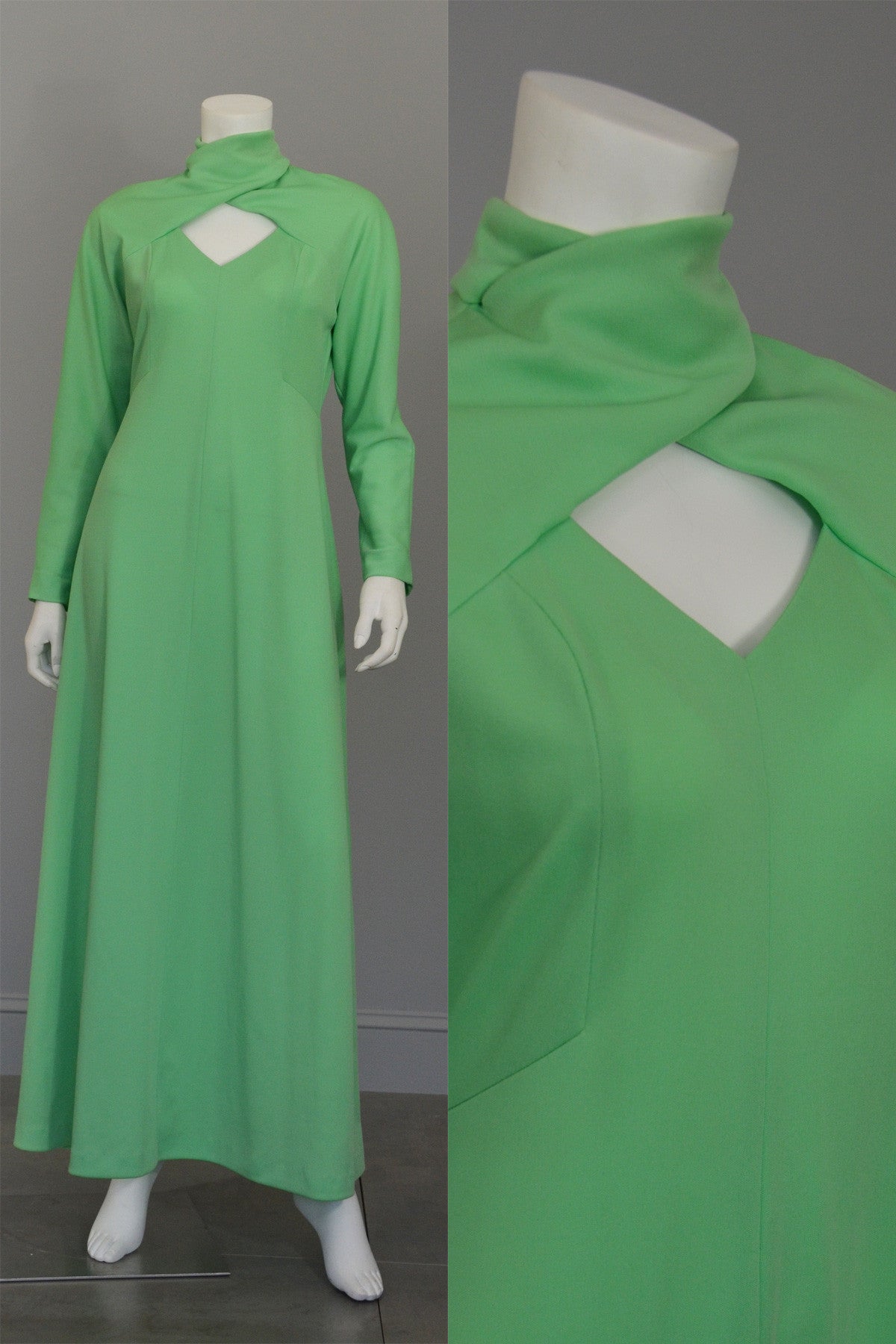 1970s Mint Green 'Katy Perry' Cutout Knit Maxi Dress Disco Era Keyhole Bodice, Size L