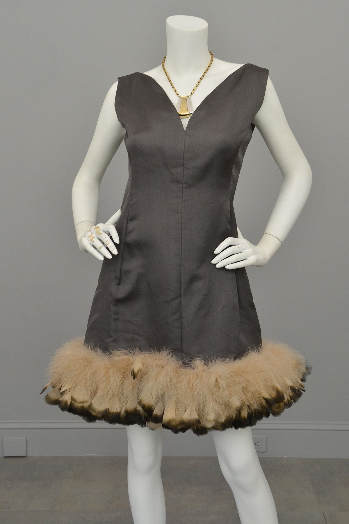 1960s Mocha Feather Trim MOD Mini Dress, Mad Men