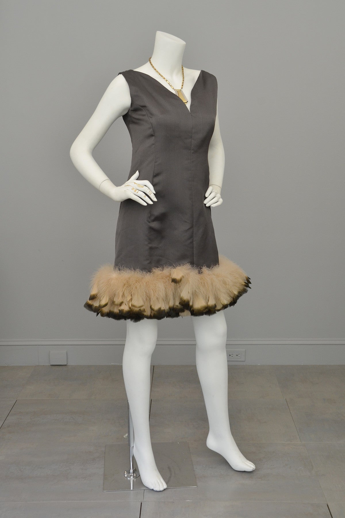 1960s Mocha Feather Trim MOD Mini Dress, Mad Men