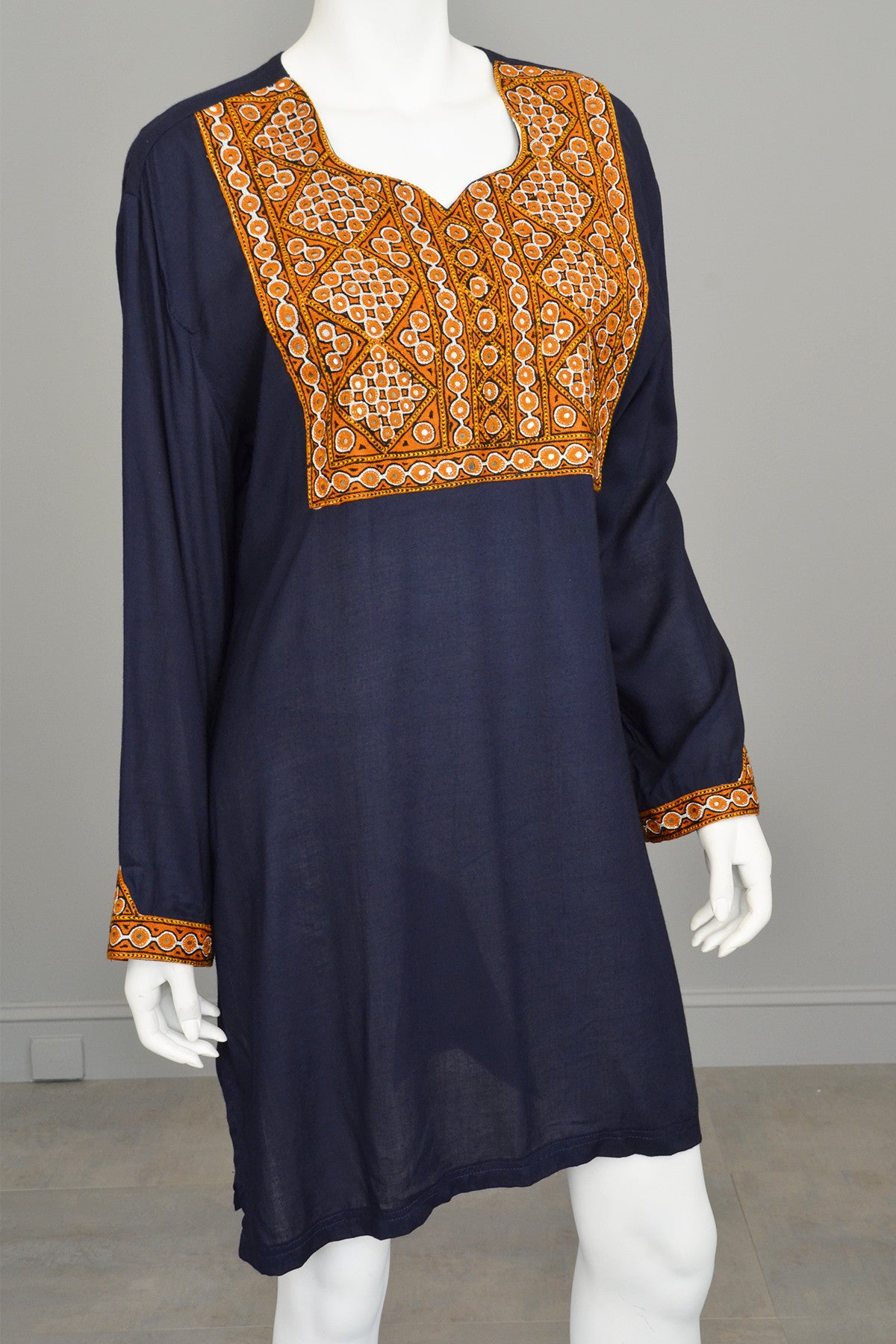 Navy Blue Gold Embroidered Mirrors India Tunic, Size L