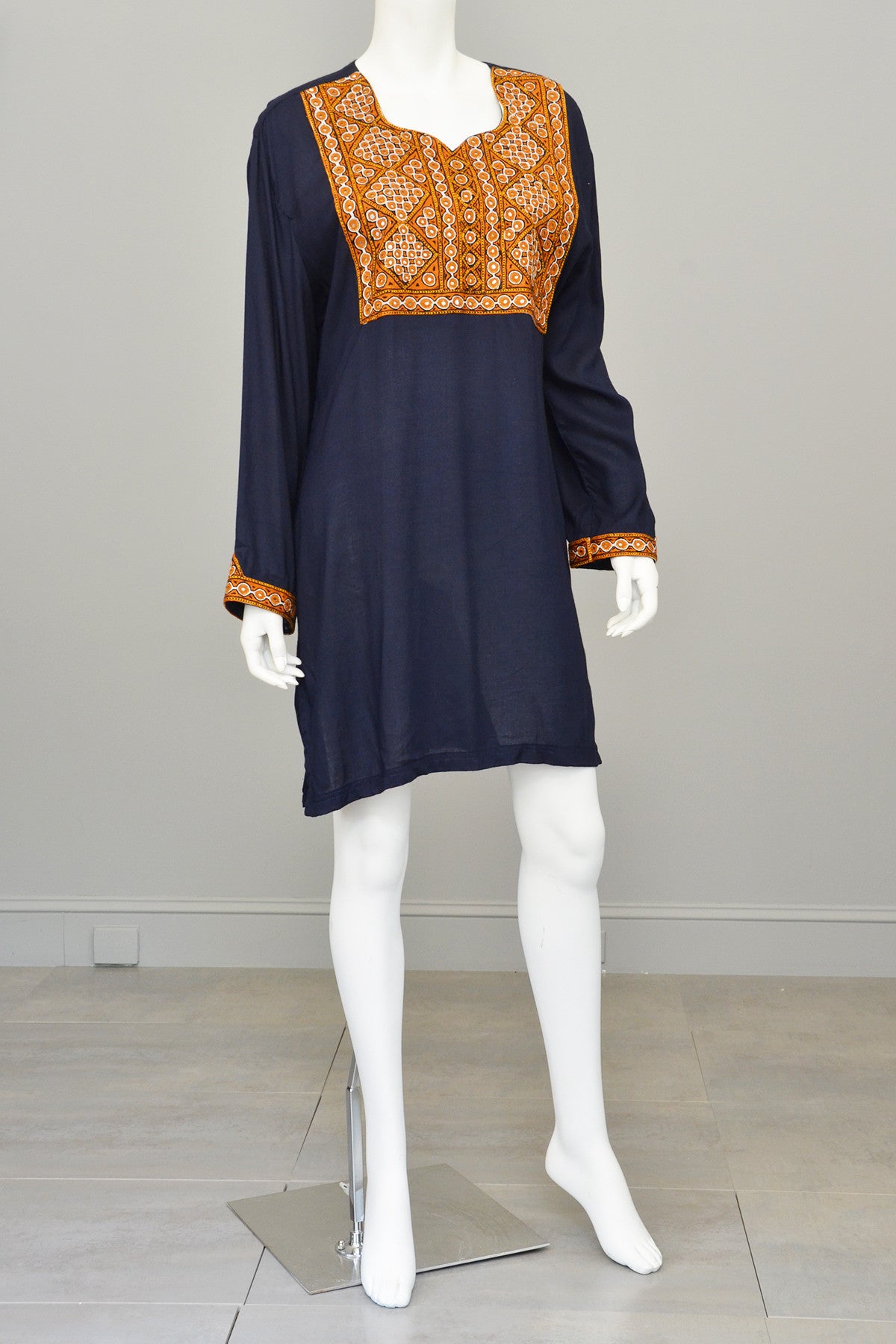 Navy Blue Gold Embroidered Mirrors India Tunic, Size L