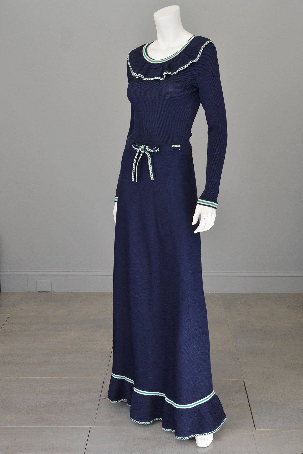 1970s Navy Blue Stripes Ruffles Ribbed Knit Maxi Dress Nautical | VintageVirtuosa 1970s Navy Blue Stripes Ruffles Ribbed Knit Maxi Dress Nautical | VintageVirtuosa