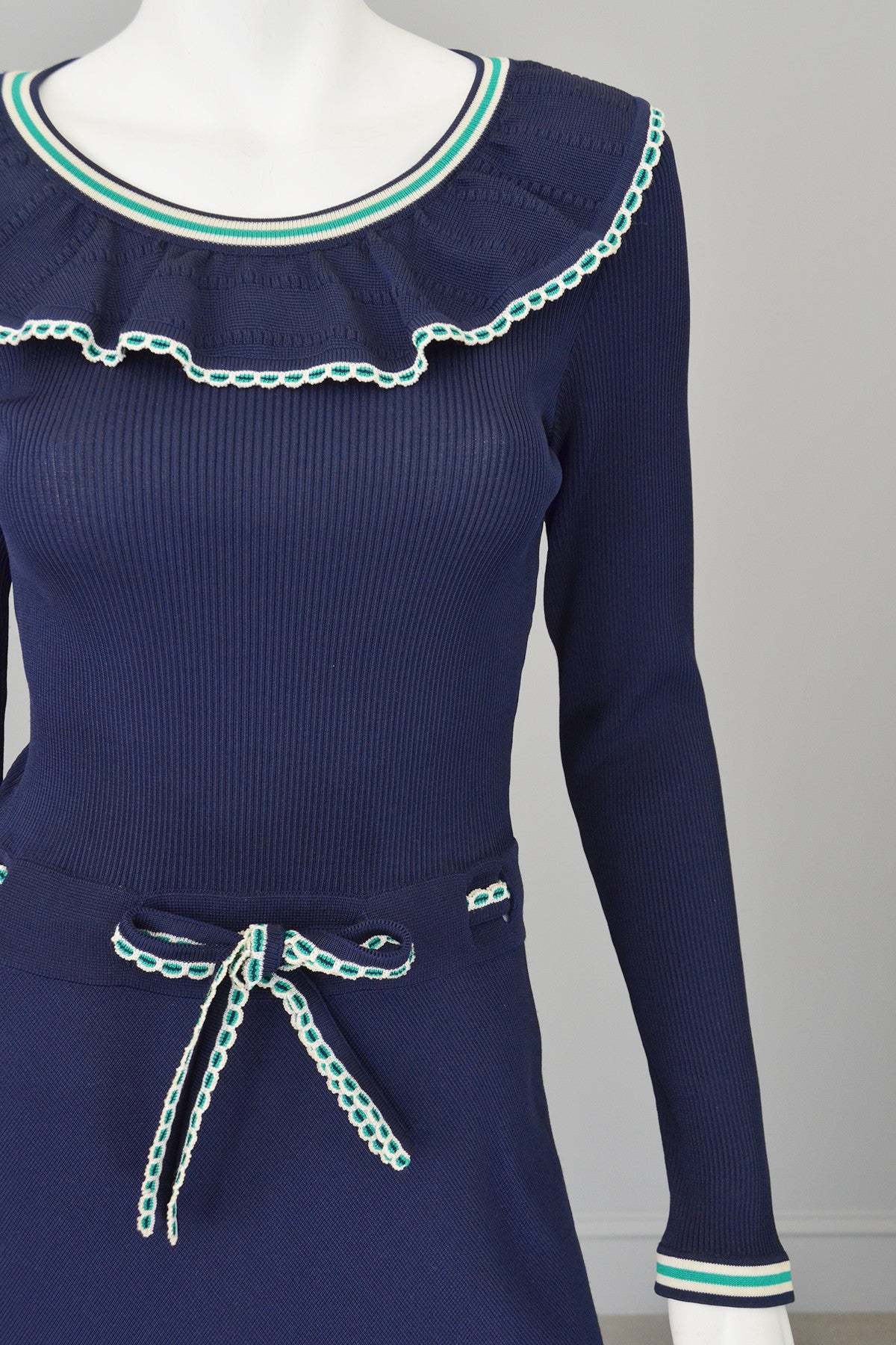 1970s Navy Blue Stripes Ruffles Ribbed Knit Maxi Dress Nautical
