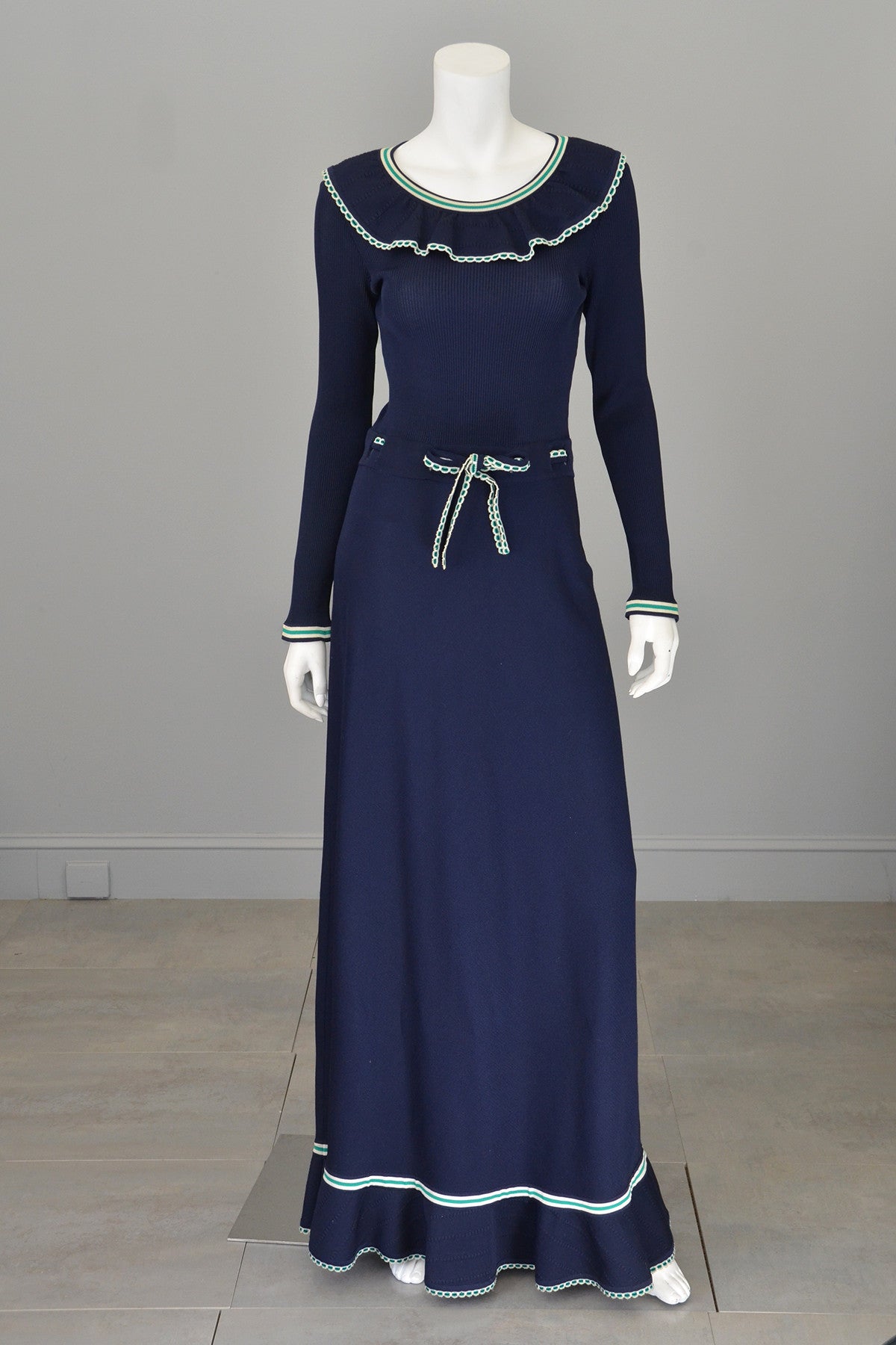 1970s Navy Blue Stripes Ruffles Ribbed Knit Maxi Dress Nautical | VintageVirtuosa 1970s Navy Blue Stripes Ruffles Ribbed Knit Maxi Dress Nautical | VintageVirtuosa