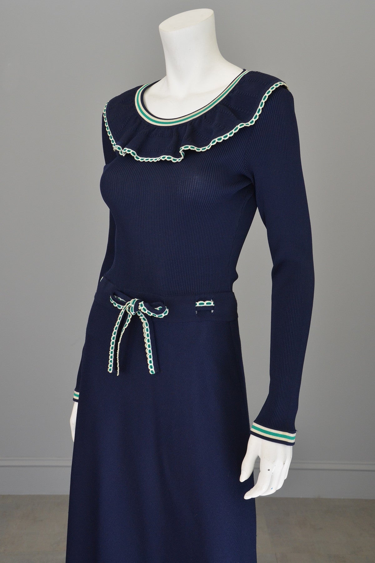 1970s Navy Blue Stripes Ruffles Ribbed Knit Maxi Dress Nautical