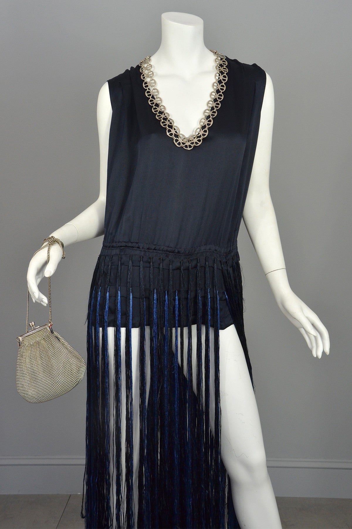 Sarin Flapper Navy Blue Satin Fringe Flapper Tunic Dress | VintageVirtuosa