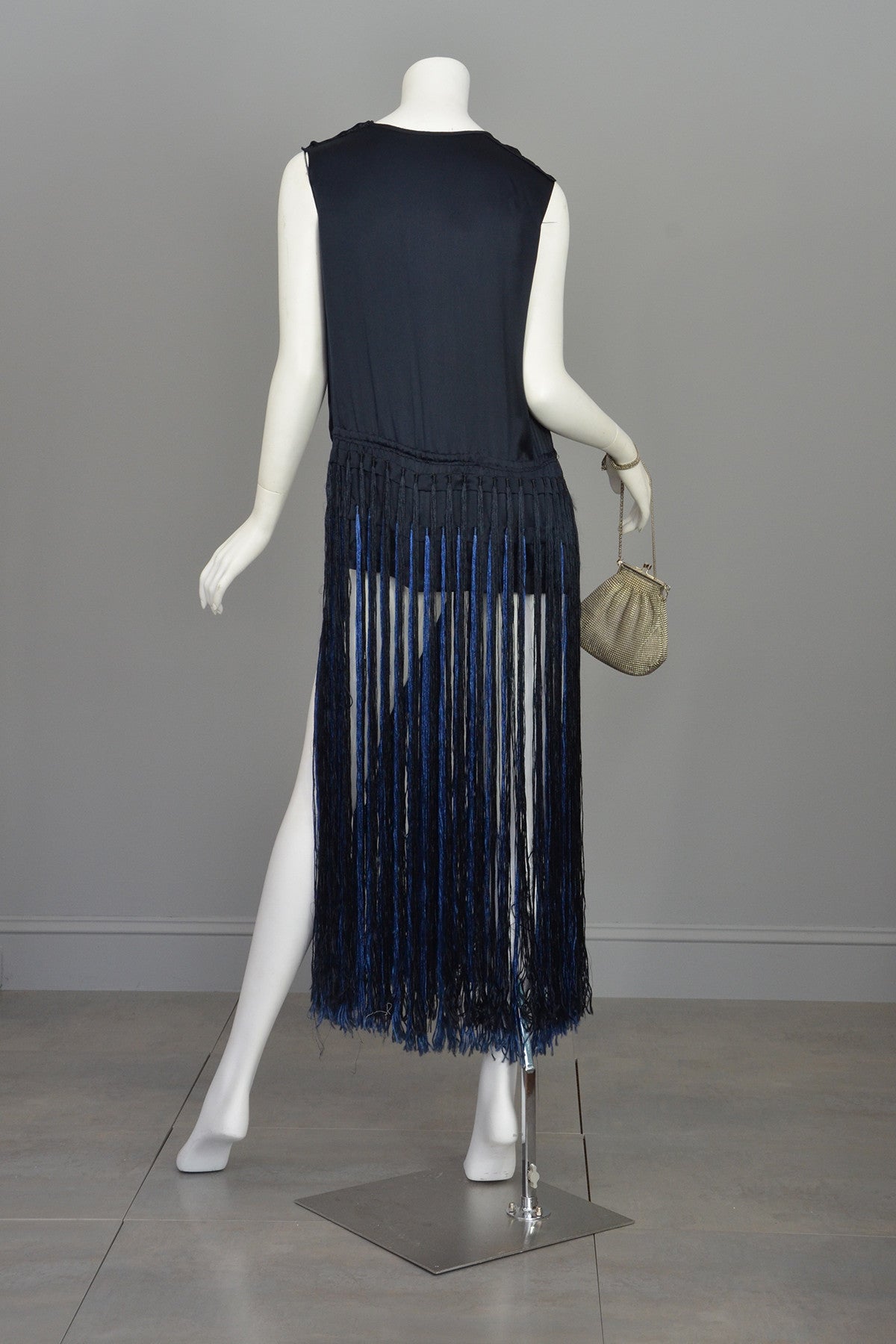 Navy Blue Satin Fringe Flapper Tunic Dress | VintageVirtuosa Navy Blue Satin Fringe Flapper Tunic Dress | VintageVirtuosa