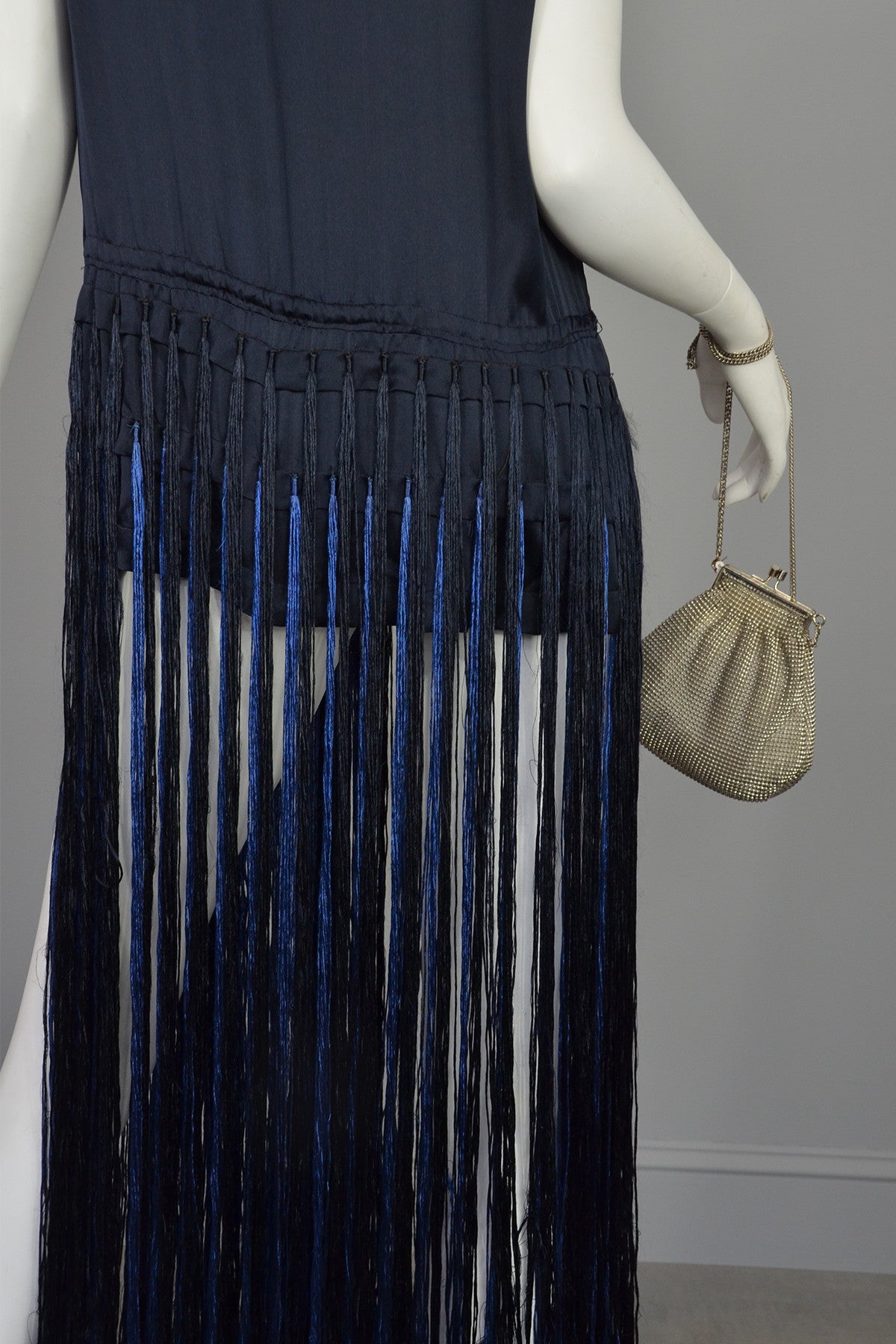 Navy Blue Satin Fringe Flapper Tunic Dress | VintageVirtuosa Navy Blue Satin Fringe Flapper Tunic Dress | VintageVirtuosa