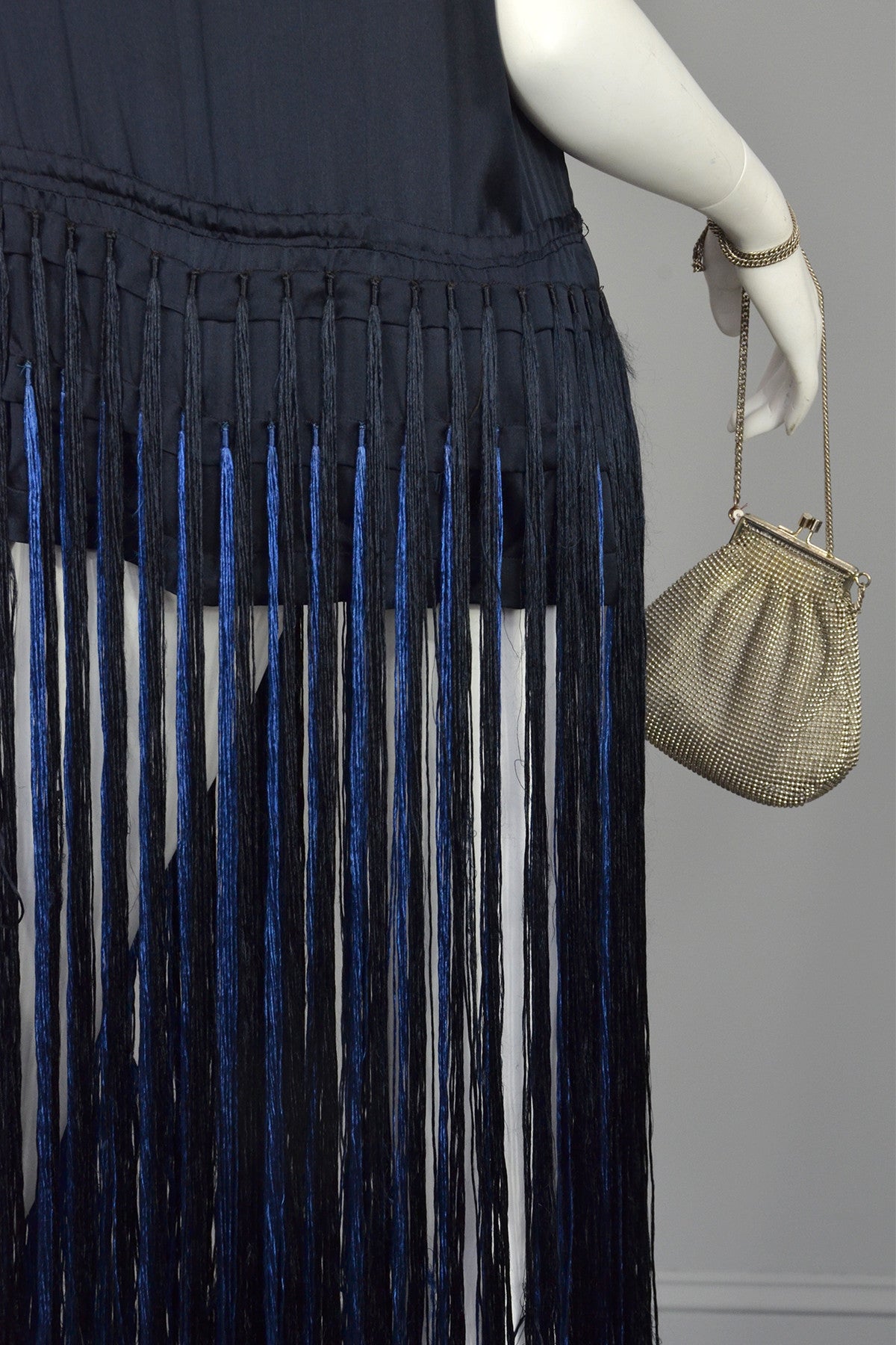 Navy Blue Satin Fringe Flapper Tunic Dress | VintageVirtuosa Navy Blue Satin Fringe Flapper Tunic Dress | VintageVirtuosa