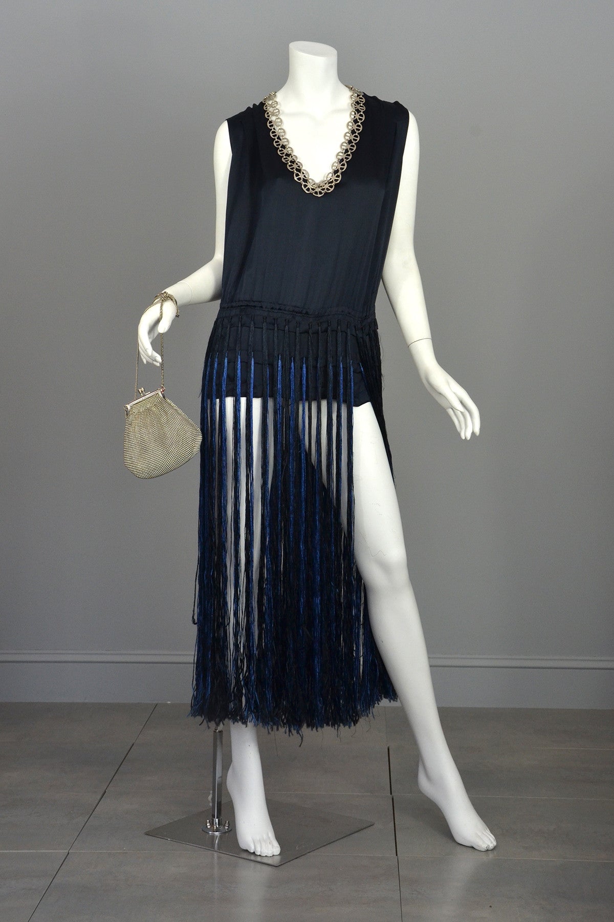Navy Blue Satin Fringe Flapper Tunic Dress Navy Blue Satin Fringe Flapper Tunic Dress