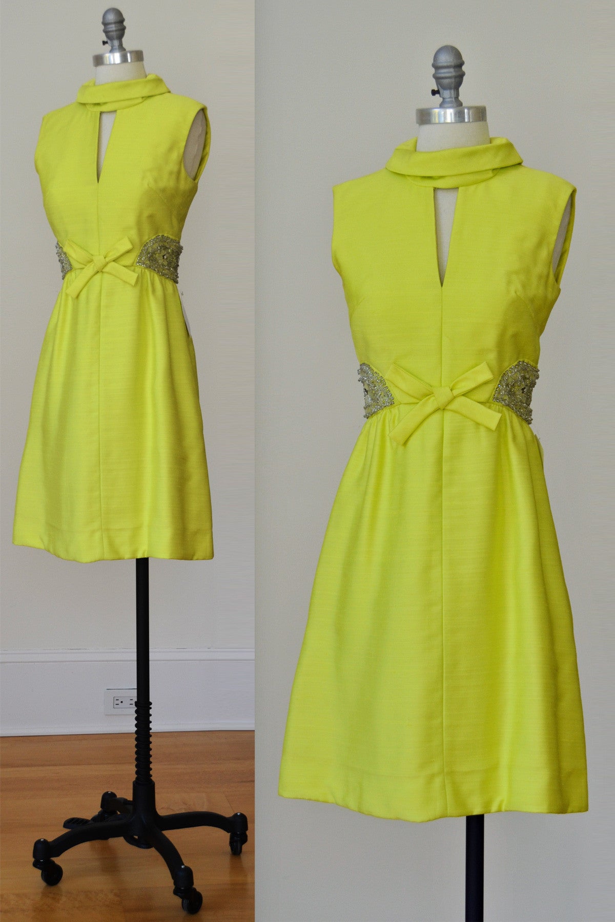 1960s MOD Space Age Keyhole Neckline Neon Green Beaded Vintage Cocktail Dress