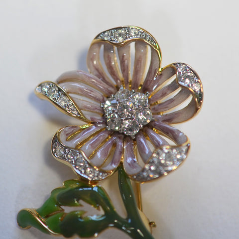 Nolan Miller Rose Mauve Enamel and Crystal Flower Brooch