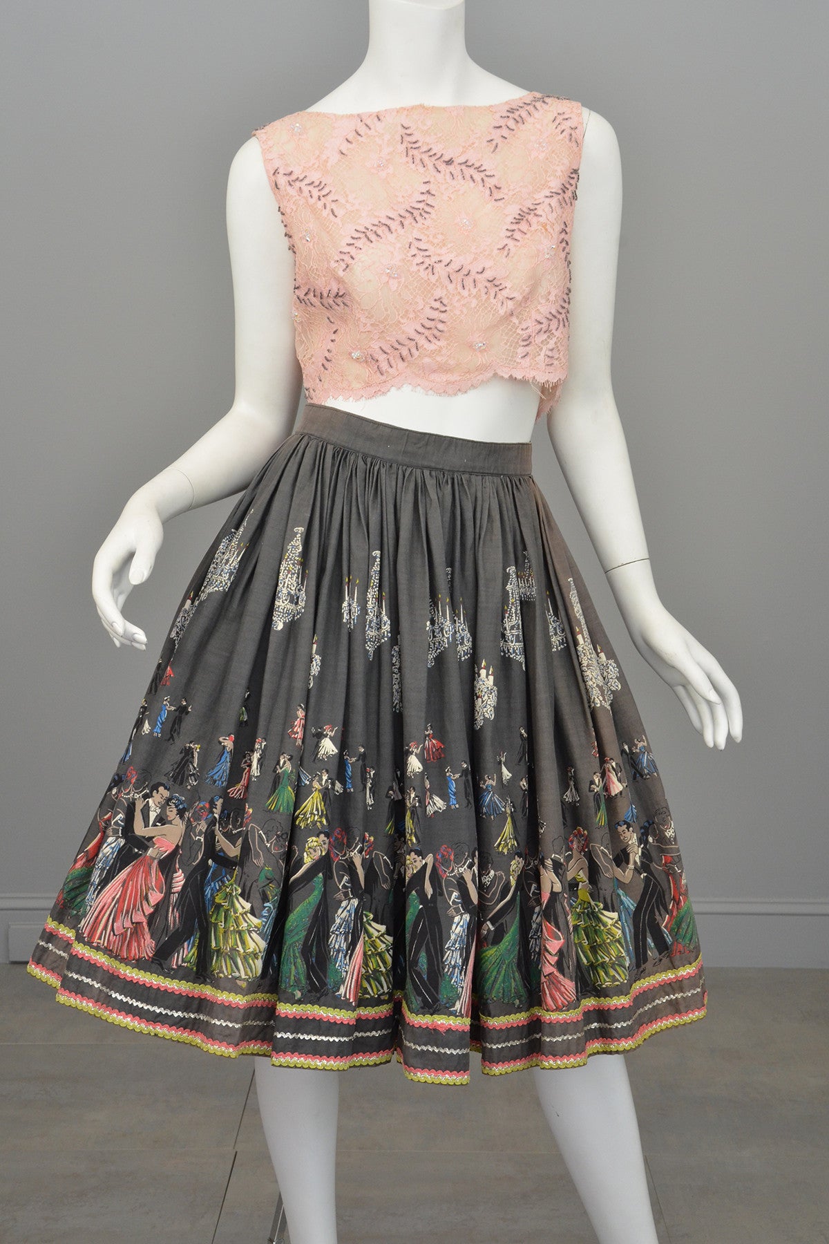 1950s Novelty Print Skirt Ballroom Scene Vintage Skirt Pinup
