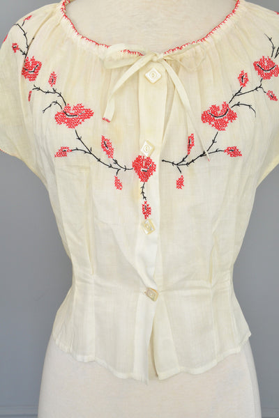 Off White Cotton Peasant Blouse with Red Cross Stitch Embroidery