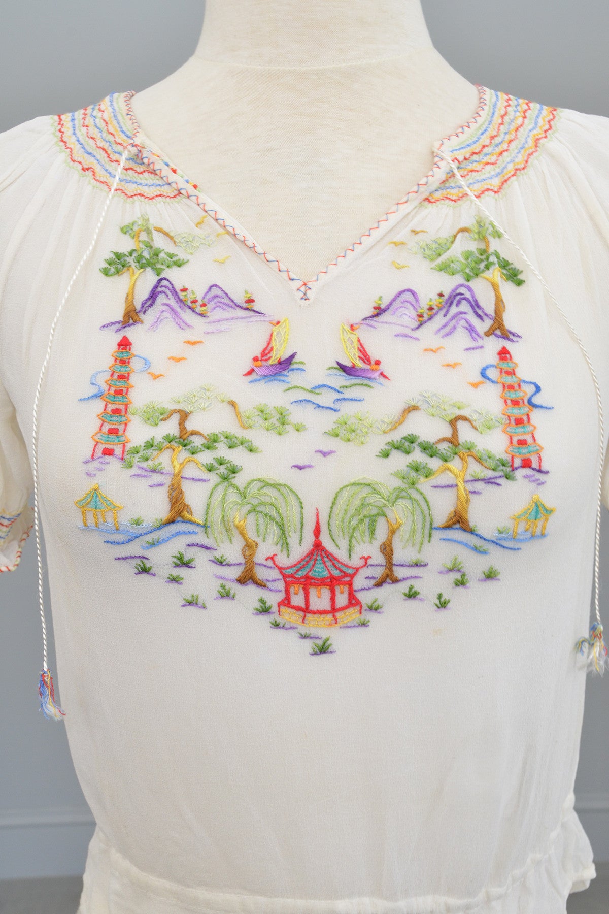 Off White Chiffon Pagoda Embroidered Peasant Top