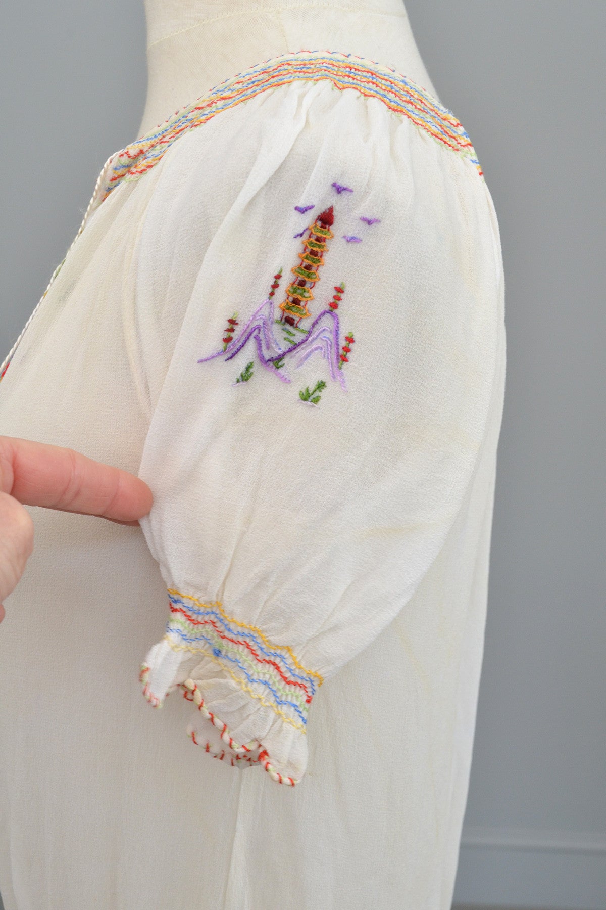 Off White Chiffon Pagoda Embroidered Peasant Top
