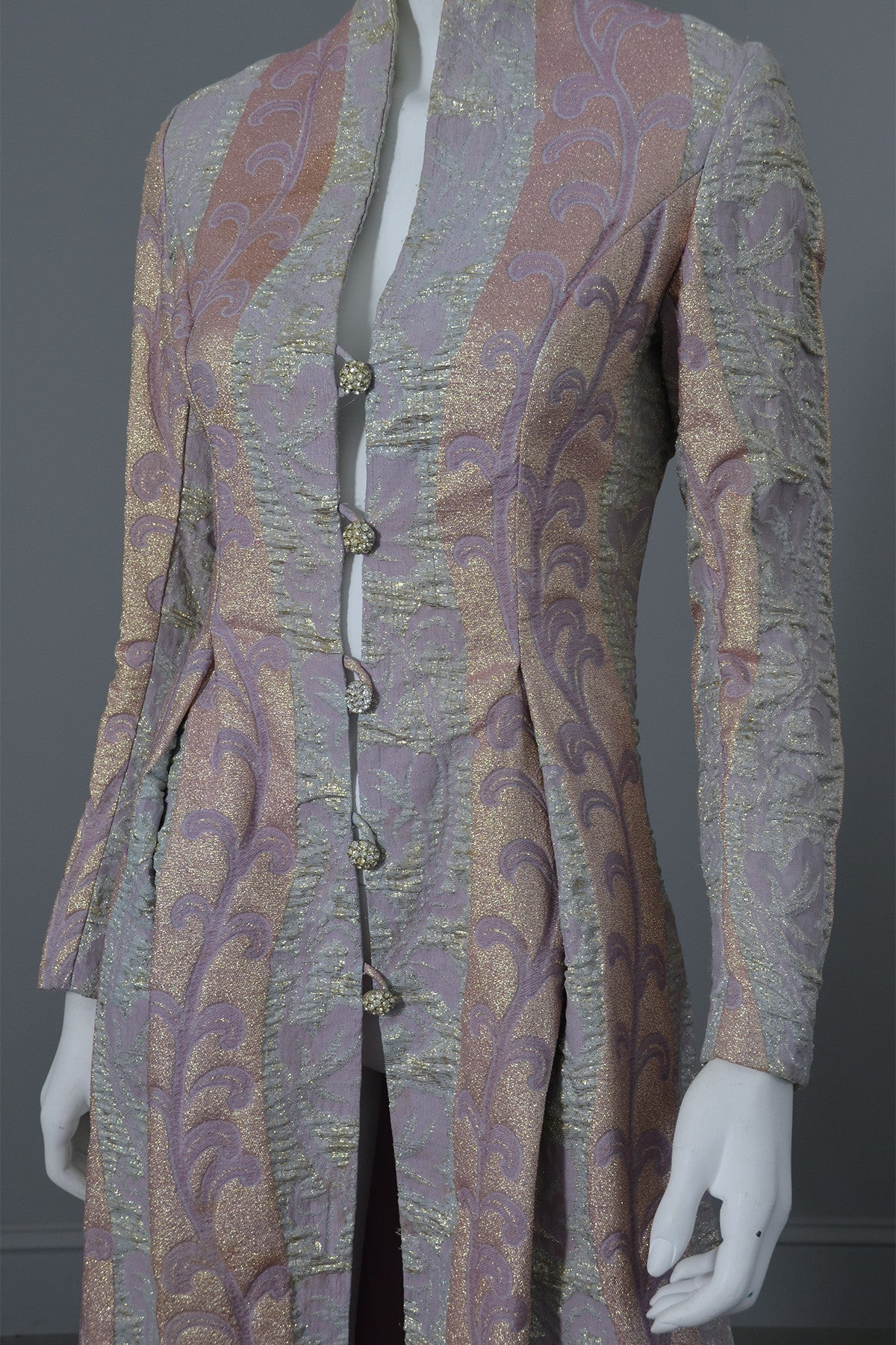 1960s 70s Lurex Brocade Maxi Evening Dress Coat XS