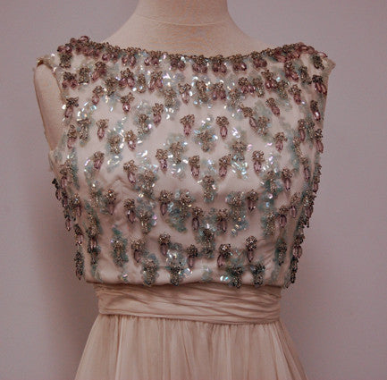 1960s Pearl Chiffon Pewter and Aqua Beaded Vintage Cocktail Party Dres | VintageVirtuosa 1960s Pearl Chiffon Pewter and Aqua Beaded Vintage Cocktail Party Dres | VintageVirtuosa