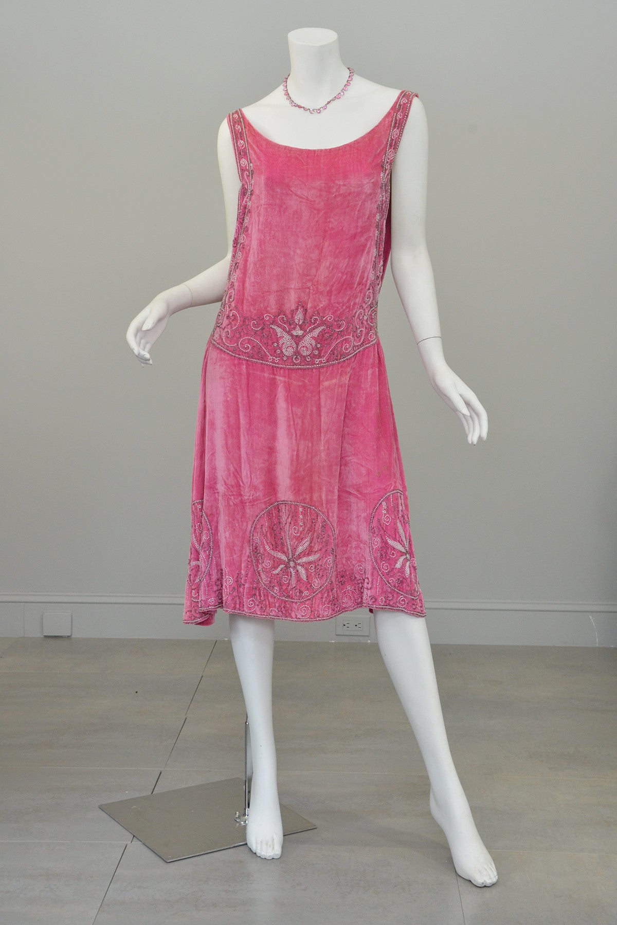 1920s Pink Velvet Deco Beaded Flapper Dress