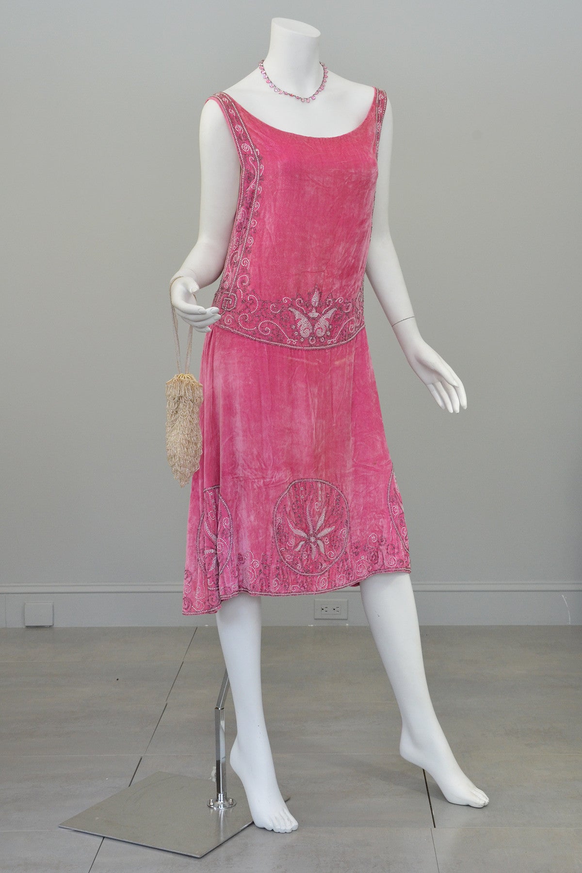 pink flapper dress 1920s Pink Velvet Deco Beaded Flapper Dress