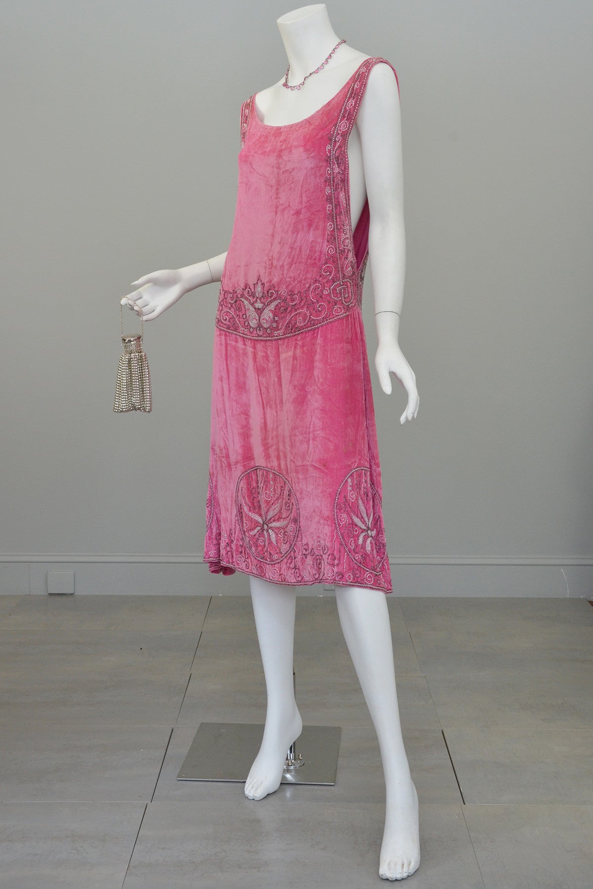 1920s Pink Velvet Deco Beaded Flapper Dress