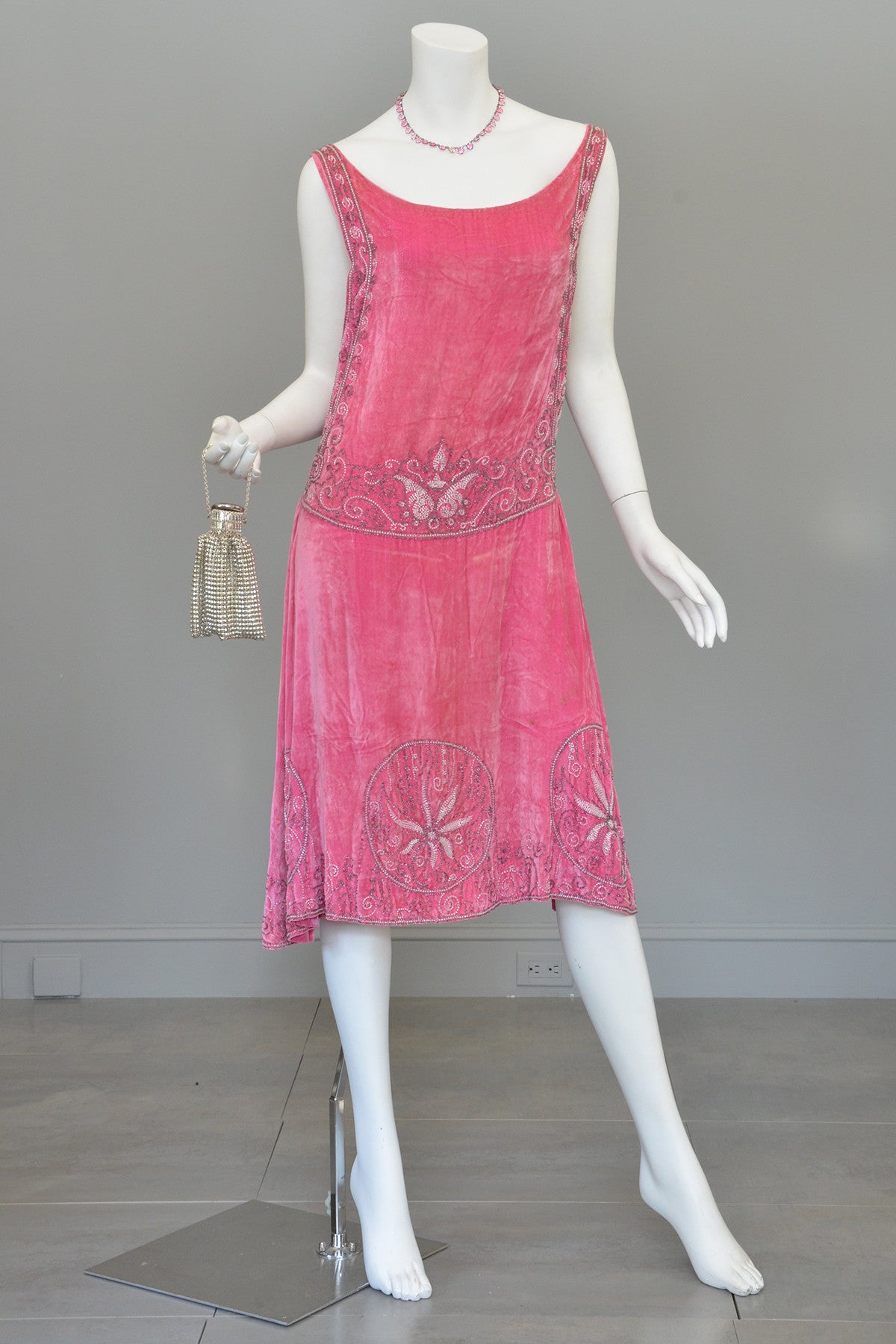 hot pink flapper dress 1920S Hot Pink Burnout Silk Velvet Drop Waist Flapper Cocktail Dress With Crys
