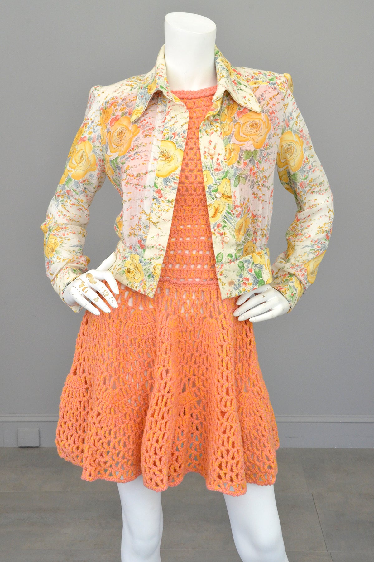 1960s 70s Pink + Yellow = Orange Yarn Crochet Mini Dress | VintageVirtuosa 1960s 70s Pink + Yellow = Orange Yarn Crochet Mini Dress | VintageVirtuosa