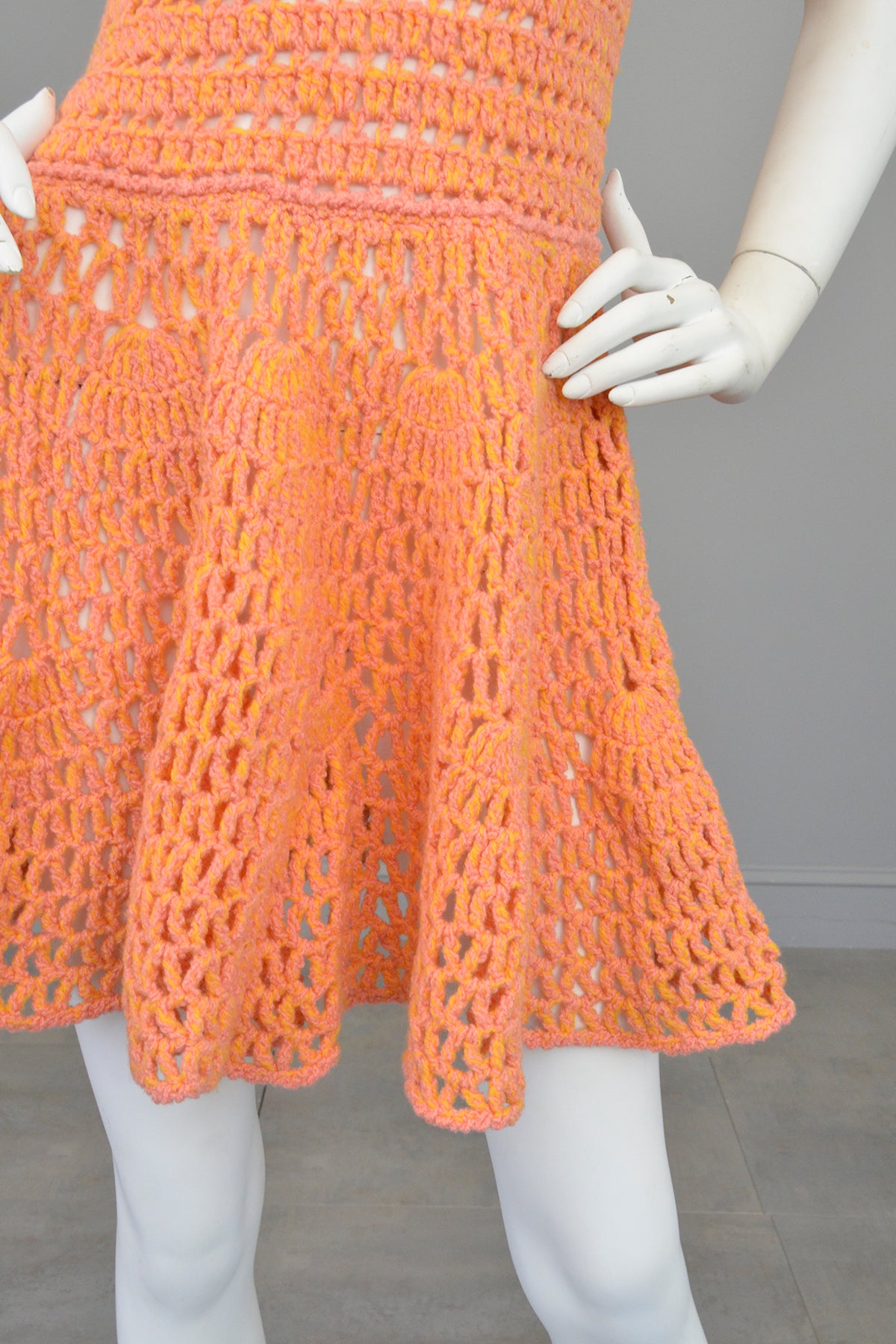 1960s 70s Pink + Yellow = Orange Yarn Crochet Mini Dress