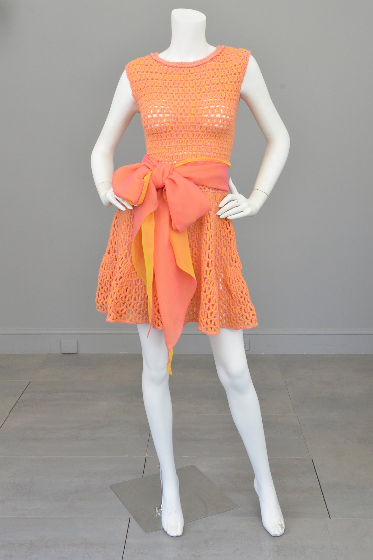 1960s 70s Pink + Yellow = Orange Yarn Crochet Mini Dress | VintageVirtuosa 1960s 70s Pink + Yellow = Orange Yarn Crochet Mini Dress | VintageVirtuosa
