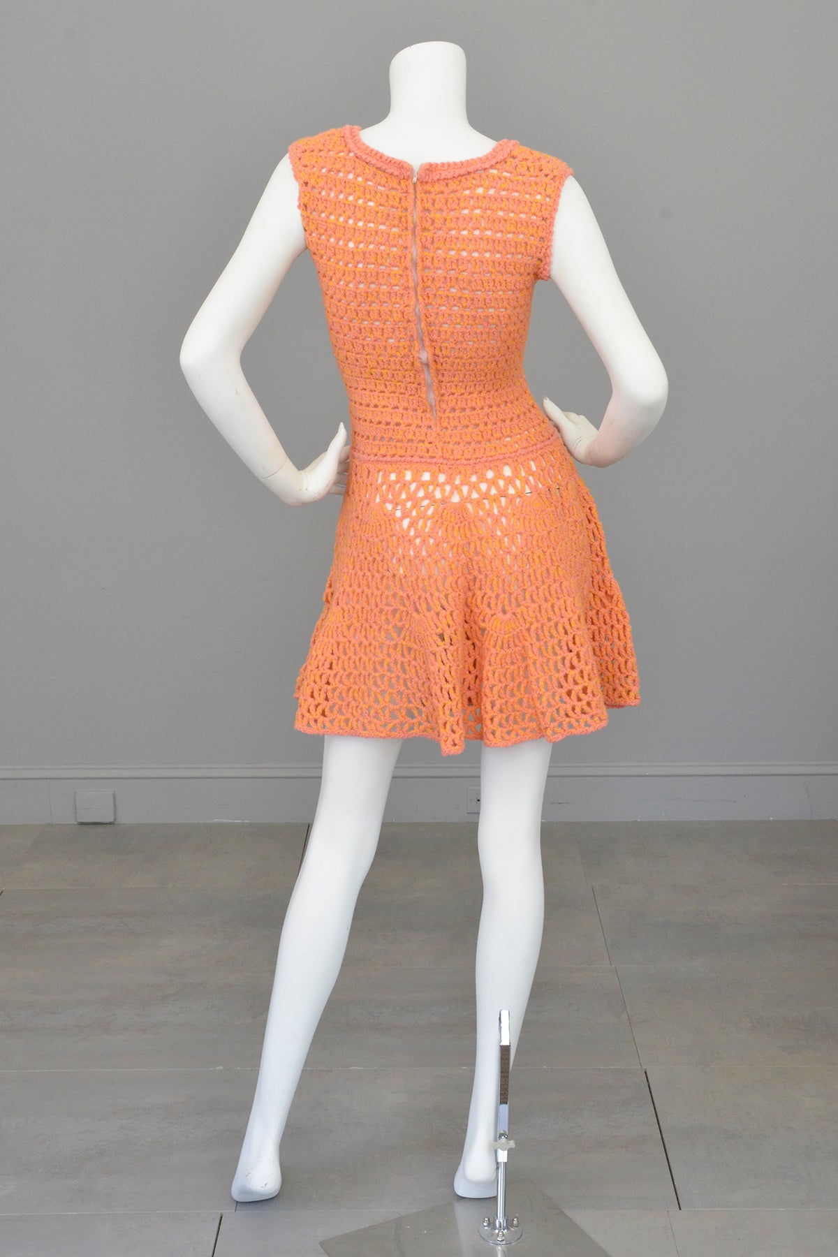1960s 70s Pink + Yellow = Orange Yarn Crochet Mini Dress | VintageVirtuosa 1960s 70s Pink + Yellow = Orange Yarn Crochet Mini Dress | VintageVirtuosa